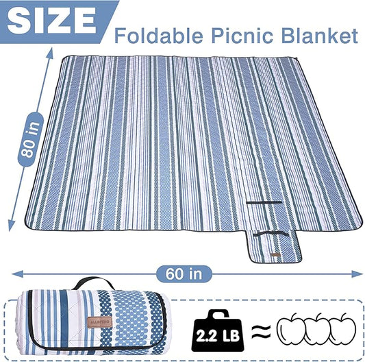 Oversized Waterproof Picnic Mat, Outdoor Beach Mat. Suitable for Camping, Outdoor, Beach, Party and Concert. (Dark Blue & Light Blue, 80" x 60")