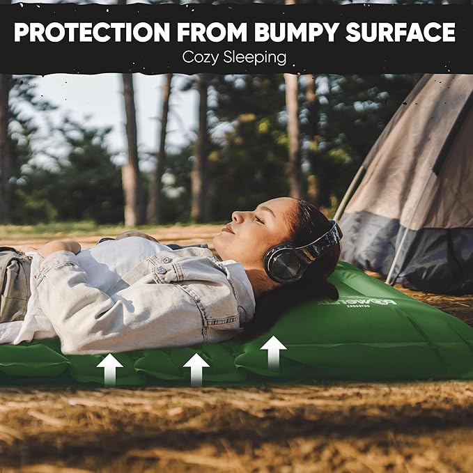 POWERLIX Double Camping Sleeping Pad Camping Pad for 2 Person with Pillow Built-in Foot Pump Inflatable Sleeping Pad, Backpacking, Hiking, Portable Camping Mattress Green