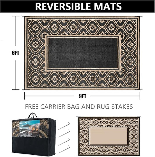 Plastic Outdoor Rug 6'x9' Waterproof Camping Carpet Outside Area Rug Reversible Brown Rugs for RV Deck Entryance Porch Picnic Balcony Beach