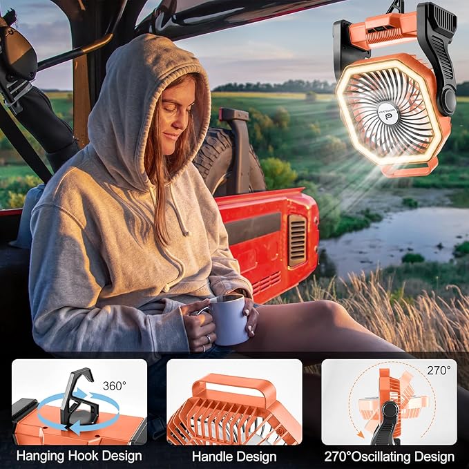 Odoland Camping Fan with LED Lantern, 20000mAh Rechargeable Battery Operated Fan, Portable Outdoor Light with Rotation Hook for Picnic Power Outage Hurricane Emergency Home Patio, Orange