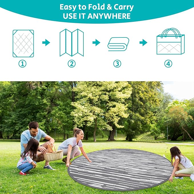 HEBE Round Outdoor Rug 8' Waterproof for Patios Clearance, Reversible Plastic Straw Rug Camping Carpet, Indoor Outdoor Area Rugs Patio Mats for RV,Picnic,Backyard,Deck,Balcony,Porch