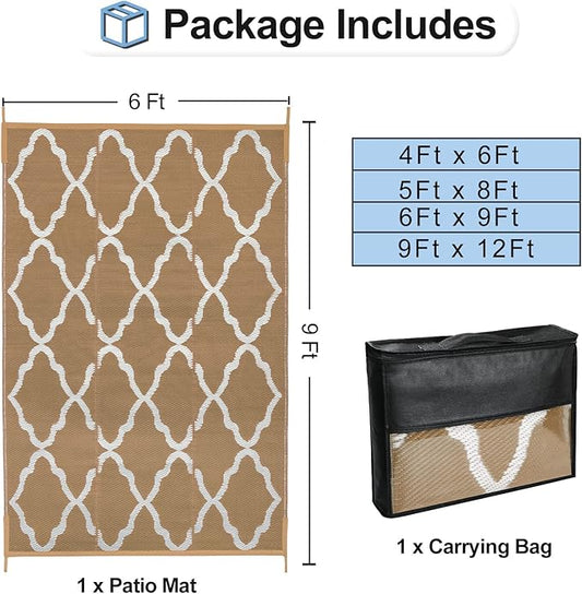 OutdoorLines Outdoor Plastic Area Rugs for Patio 6x9 ft - Reversible Outside Carpet, Stain & UV Resistant RV Mats, Straw Rug for Camping, Deck Garden, Porch and Balcony, Moroccan/Brown & Light Grey