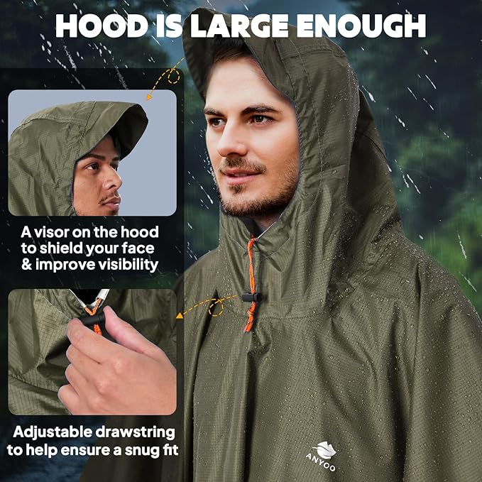 ANYOO Hooded Rain Poncho for Adults Waterproof Lightweight Rain Coat for Men Women Reusable Rain Jacket for Emergency Outdoor