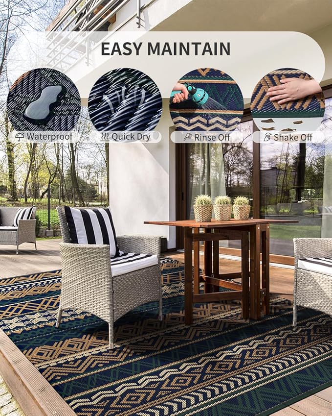 MontVoo Outdoor Rug Carpet Waterproof-Patio Rug Mat 6x9 Reversible RV Camping Rug Picnic Mat Plastic Straw Outside Rug for Balcony Porch Deck Beach-Boho Outdoor Area Rug for Patio Decor Colorful