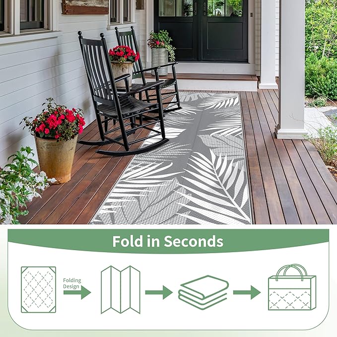 GENIMO Outdoor Rug 2.5' x 8' Waterproof for Patios Clearance, Reversible Outdoor Plastic Straw Hallway Runner Rug Carpet, Entryway Rugs Mats for Deck, Porch, Balcony, Camping, RV, Camper, Grey&White