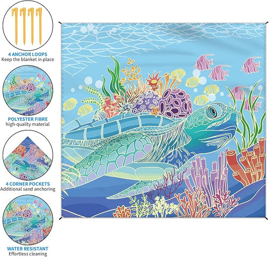 Beach Blanket Waterproof Sandproof Large Beach Mat 79" X 83" for 2-4 Adults Sand Free Mat Quick Drying,Lightweight & Durable with 4 Stakes & 4 Corner Pockets for Beach Travel Camping.(Sea Turtle)
