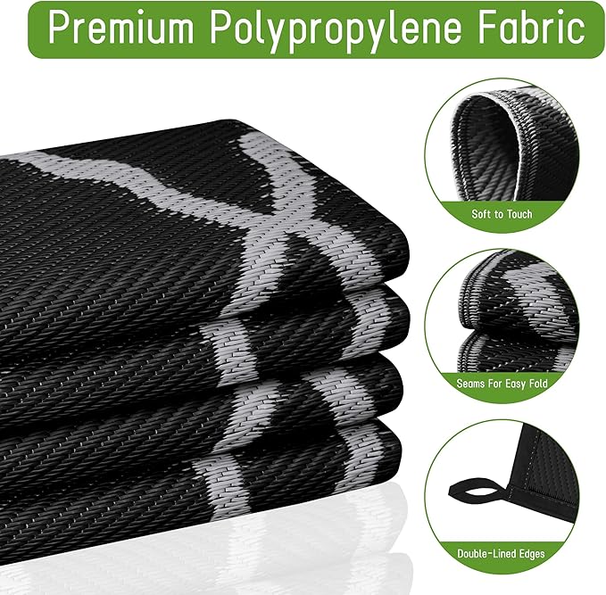 Easy-Going Reversible Outdoor Rugs 9x12ft Waterproof Plastic Straw Rug Stain & UV Resistant Floor Mat for Patio Porch RV Backyard Pool Deck Picnic Beach Trailer Camping (Moroccan Black & Light Grey)