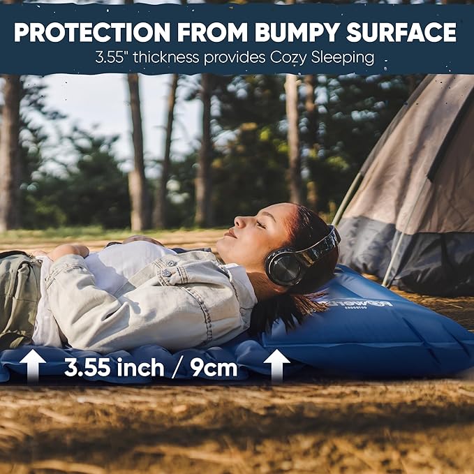 POWERLIX Double Sleeping Pad Camping Pads for 2 Person with Pillow, Built-in Foot Pump Inflatable Sleeping Mat for Backpacking, Hiking, Traveling, Outdoor, Portable Tent Camping Mattress