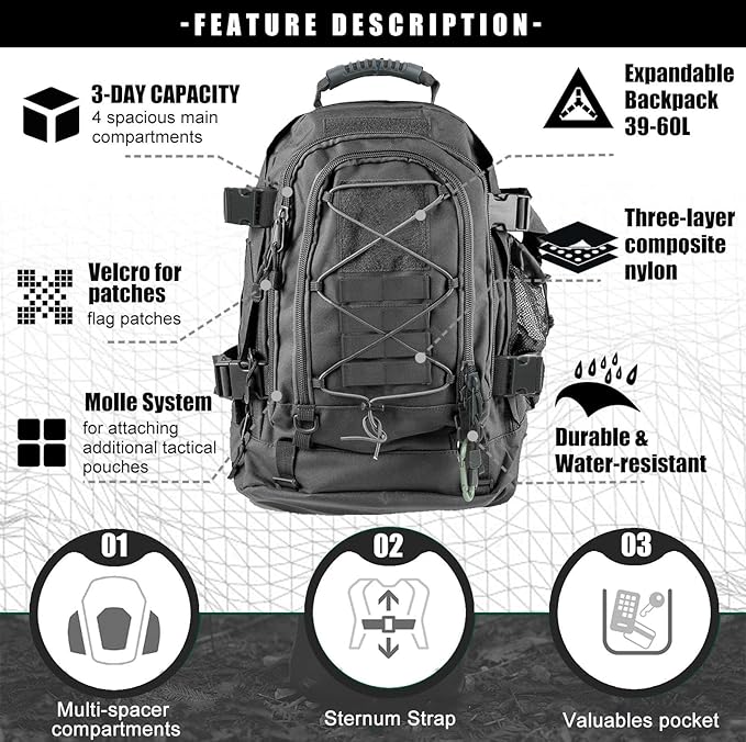 Tactical Backpack Military Army Daypack - Assault Pack for Men Molle Backpacks Bug Out Bag 3 Day Pack for Hiking Camping Travel Hunting Rucksack Trekking Grey