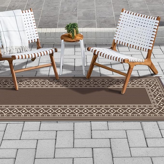GENIMO Outdoor Rug Waterproof for Patio Decor, 2.5'x8' Foldable Reversible Plastic Straw Runner Rugs Carpet for Porch, Outside Area Mat for Rv, Deck, Picnic, Camper, Balcony, Coffee & Beige