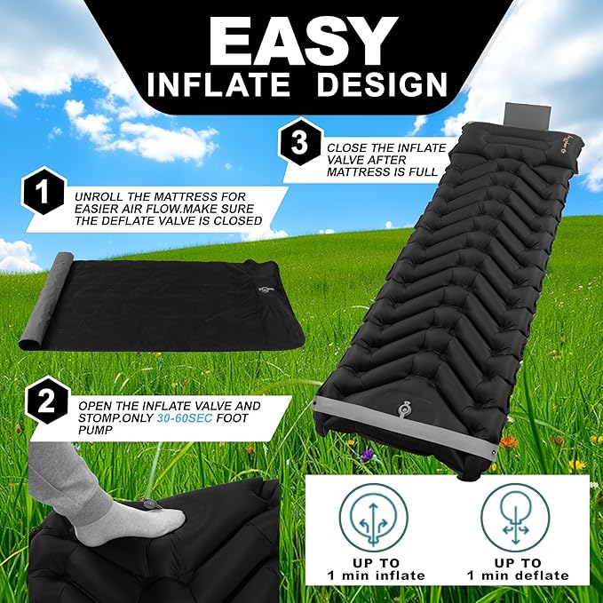 Sleeping Pad with Pillow, Self Inflating Extra-Thick, Ultralight Sleeping Mat, Built-in Pump, Ultimate for Camping, Hiking, Traveling, Airpad, Carry Bag, Compact & Lightweight Air Mattress (Black)