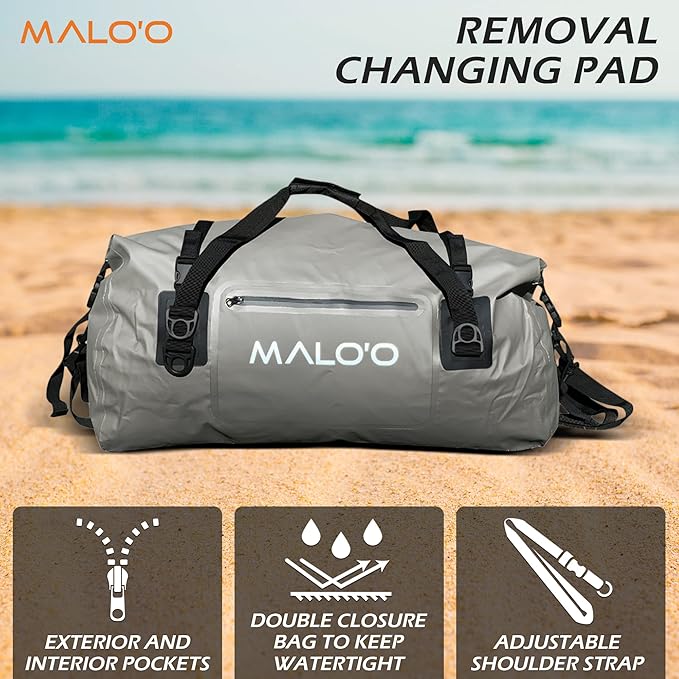 Malo'o 3-in-1 Wetsuit Changing Bag – Integrated changing mat, wetsuit watertight carry bag and XL 60 Liter Roll-Top Dry Bag. Surfing, Paddle-Boarding