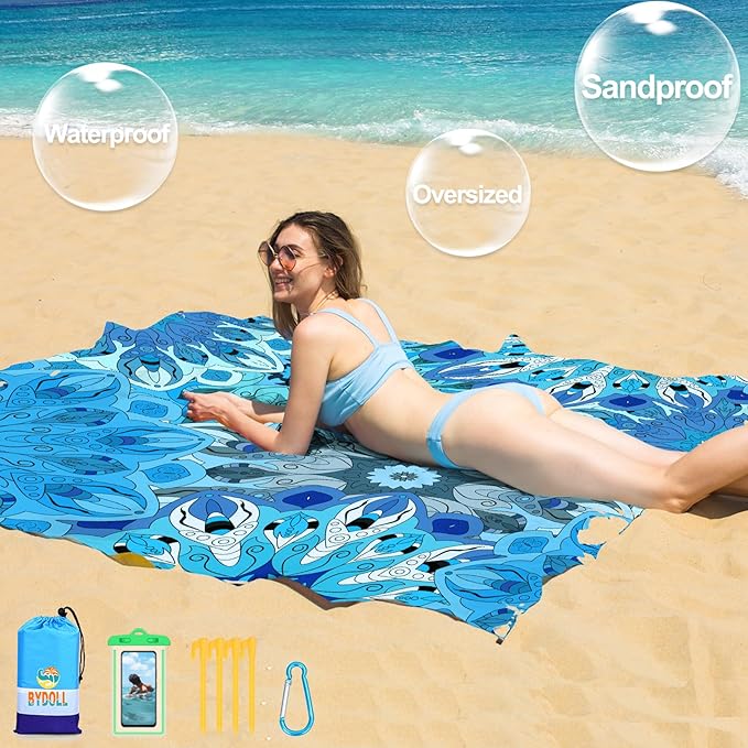 BYDOLL Beach Blanket Waterproof Sandproof 78''×81'' 1-7 Adults Oversized Lightweight Large Picnic Mat Waterproof Sandproof Blanket for Beach