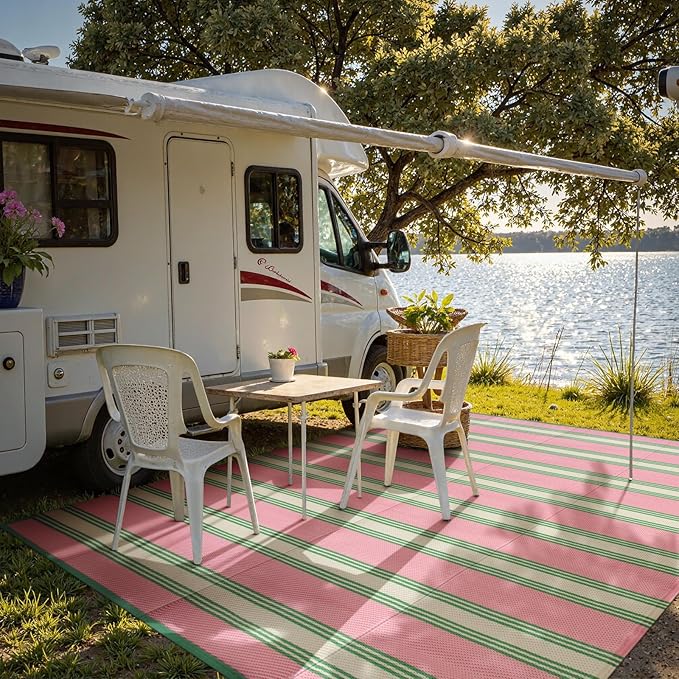 Lahome Striped Outdoor Rug Waterproof, 6x9 Reversible Outdoor Plastic Straw Rug for Camping, RV Patio Rugs Large Carpet for Porch Deck Backyard Balcony Picnic(Pink/Green,6'x 9')