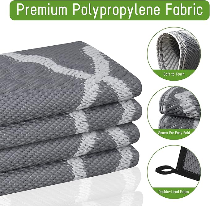 Easy-Going Reversible Outdoor Rugs 6x9ft Waterproof Plastic Straw Rug Stain & UV Resistant Floor Mat for Patio Porch RV Backyard Pool Deck Picnic Beach Trailer Camping (Moroccan Grey & Light Grey)