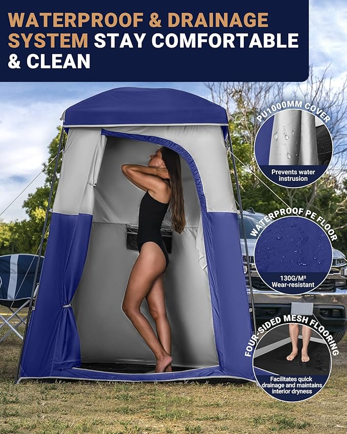KingCamp Camping Shower Tent, Portable Outdoor Privacy Toilet & Changing Tent Windproof & Waterproof Easy Setup 1 or 2 Room Shelter with Shower Bag for Camping Hiking Beach