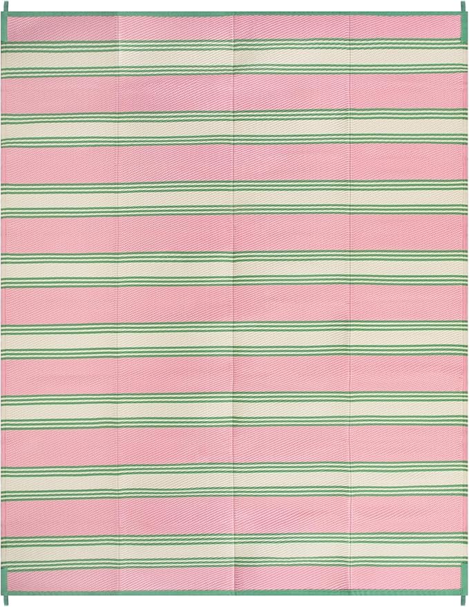 Lahome Striped Outdoor Rug 8x10 Patio Waterproof, Reversible Outdoor Plastic Straw Rug for Camping, RV Patio Rugs Outside Large Carpet for Porch Deck Backyard Picnic(Pink/Green,8'x 10')