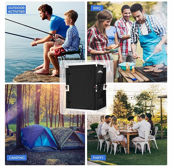 EAGLE PEAK Outdoor Folding Camping Table with Large 3-Tier Storage Organizer and Side Pockets, Easy Set Up Portable Aluminum Camping Kitchen, Black