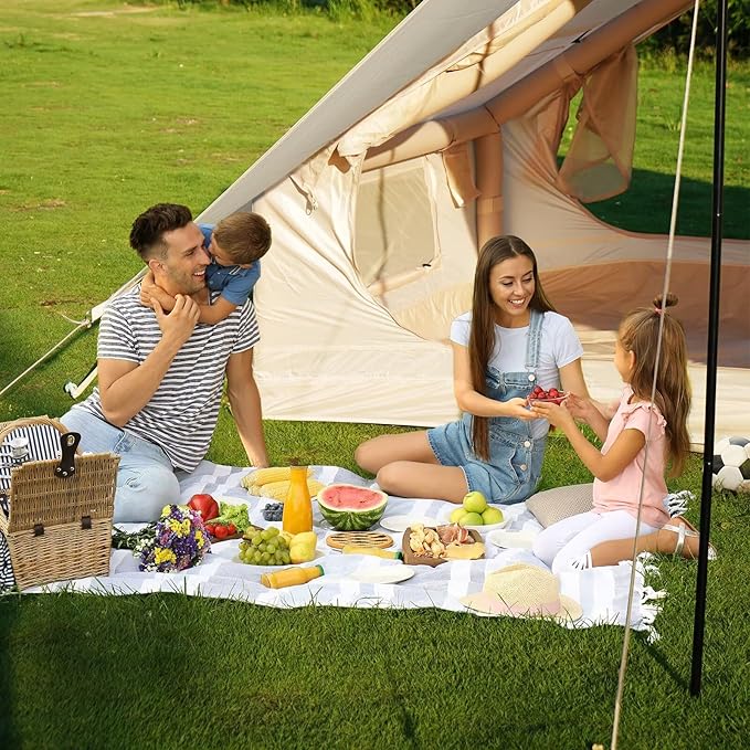 Inflatable Camping Tent with Pump, Upgraded Waterproof Windproof Glamping Blow Up Tent, Easy Setup 4 Season Air Cabin House with Mesh Windows & Door,4-6 Persons