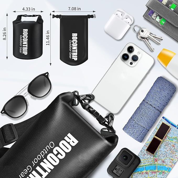 ROCONTRIP Waterproof Dry Bag Lightweight Waterproof Bag Portable Swimming Bag Travel Waterproof Dry Bag for Fishing Snorkeling Diving Boating Kayaking Hiking(GreyBlack, 2L)