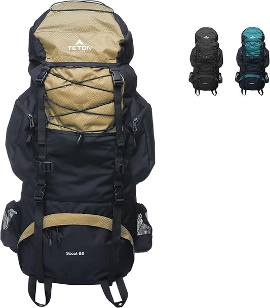 TETON 65L Scout Internal Frame Backpack for Hiking, Camping, Backpacking, Rain Cover Included
