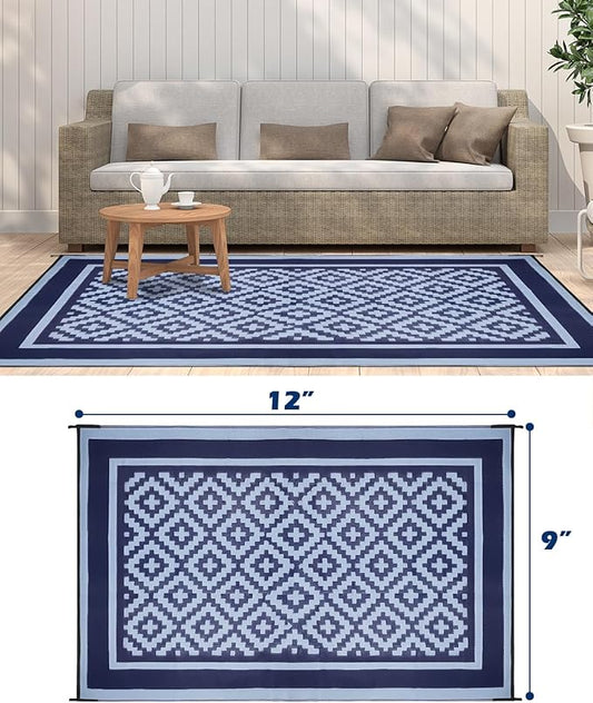 Kohree RV Outdoor Rug 9x12 Reversible, Waterproof Patio Mat with 4 Stakes & UV Fade Resistant, Non-Slip Outdoor Camping Mat for Deck, Picnic, Backyard, Includes Carry Bag (Blue)