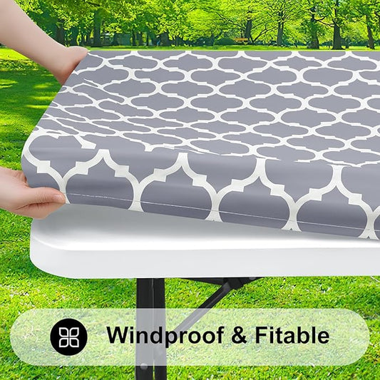 Smiry Rectangle Picnic Table Cover, Waterproof Elastic Fitted Camping Tablecloths for 8 Foot Tables, Wipeable Flannel Backed Vinyl Tablecloth Protector for Indoor, Outdoor (Grey, 30x96 Inches)