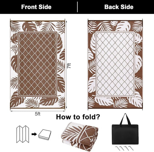 Ileading Outdoor Rug Carpet for Patio 5' x7' Waterproof Reversible Plastic Straw Rug Portable Outside Area Rug Camping Mat for Patio, Clearance, Balcony, Picnic, Pool, Beach, RV, Deck, Leaf Brown