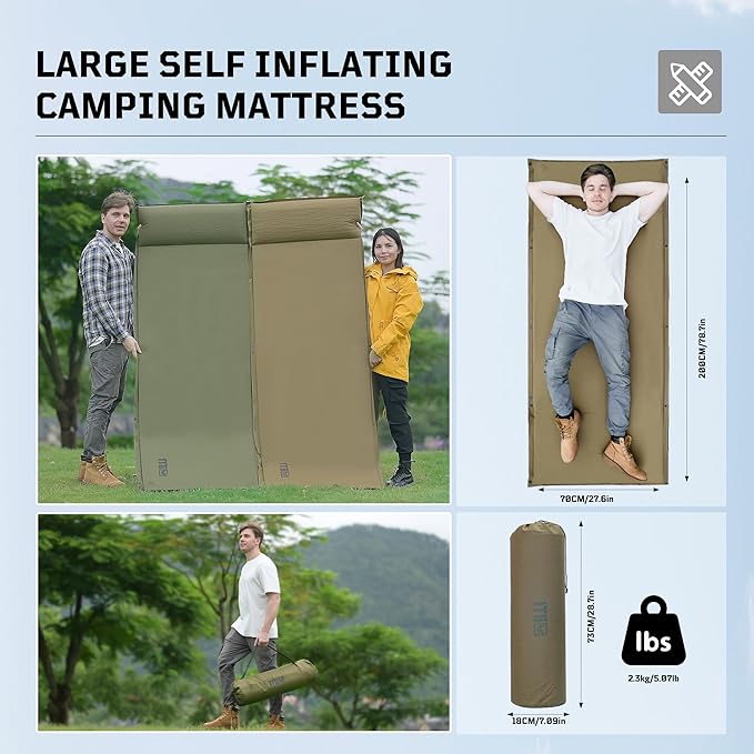 Self Inflating Sleeping Pad for Camping, Insulated Inflatable Camping Mattress for Winter, with Pillow, Dual Valves, Memory Foam, Sleeping Mat for Backpacking, Hammock, Tents, Floor