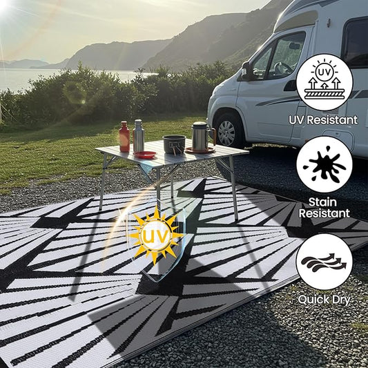 Outdoor Rug for Patio, 6x9 Ft Reversible Outdoor Plastic Straw Rug Waterproof Foldable Camping Mat with Uv Protection, Quick-Dry Straw Patio Carpet for Deck Rv Porch Backyard - Black & White