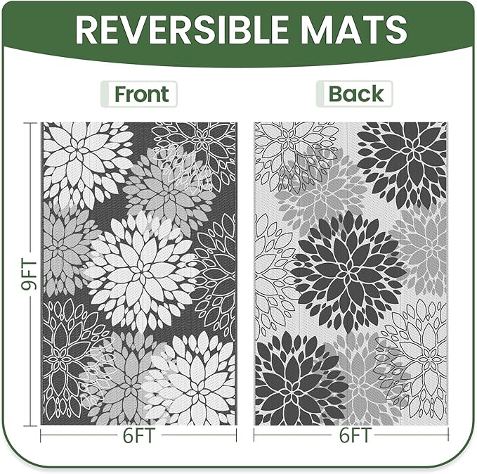 LuxStep Outdoor Rug Waterproof Outdoor Plastic Straw Rug Reversible Patio Rug Mat Outdoor Decor Large Area Mats for RV, Picnic, Backyard, Deck, Balcony, Porch, Beach, Camping, 6'x 9',Grey