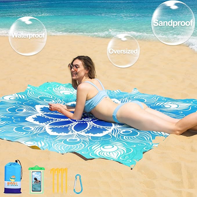 BYDOLL Beach Blanket 78''X81'' 4-7 Adults Oversized Lightweight Waterproof Sandproof Blanket for Beach Large Picnic Mat Travel Camping