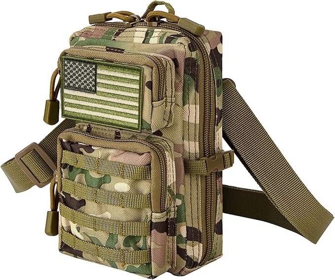 bvya Tactical Molle EDC Utility Pouch Compact Tool Pouch Mini Waist Bag Crossbody Backpack-Design Phone Pouch with Shoulder Strap Flag Patch and D-Rings