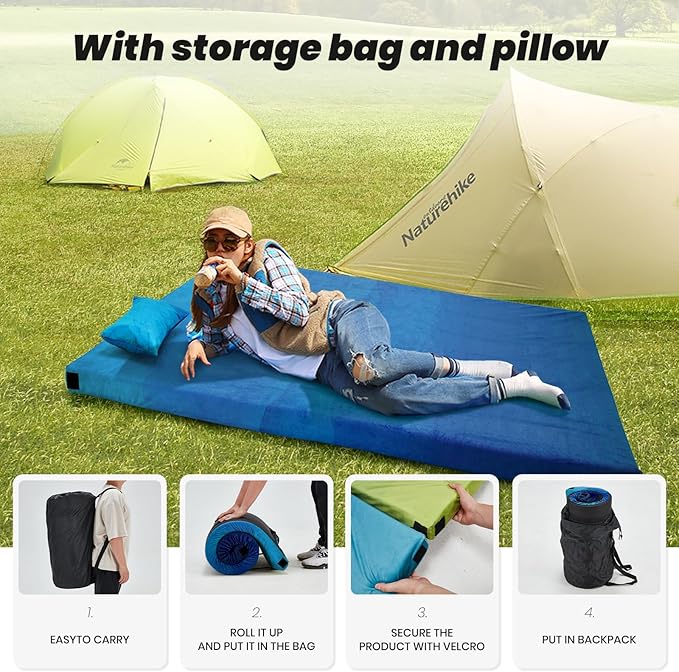 Memory Foam Camping Pad, Camping Sleeping Pad, Camping Mattress Pad with Pillow & Travel Bag, Portable Floor Mat Roll Up for Guest Adults Side Sleepers Indoor Outdoor Travel