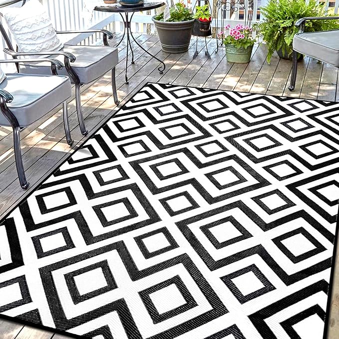 Outdoor Rug Mat for Patio, 9x12ft Waterproof Reversible Plastic Straw Rugs, Camping Carpet Area Mats for RV, Porch, Deck, Backyard, Balcony, Camper, Trailer, Black & White