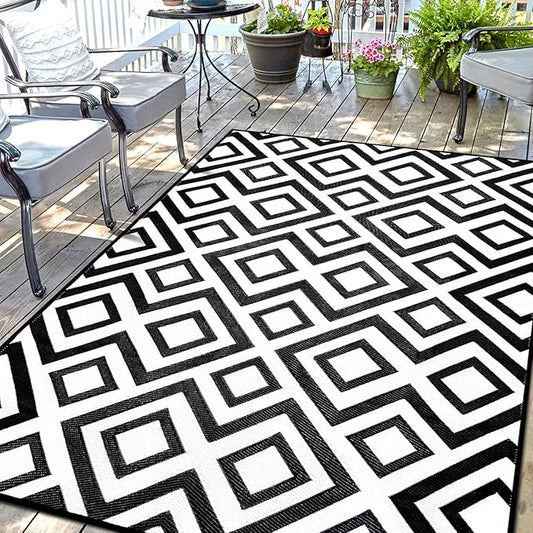 Outdoor Rug Mat for Patio, 9x12ft Waterproof Reversible Plastic Straw Rugs, Camping Carpet Area Mats for RV, Porch, Deck, Backyard, Balcony, Camper, Trailer, Black & White