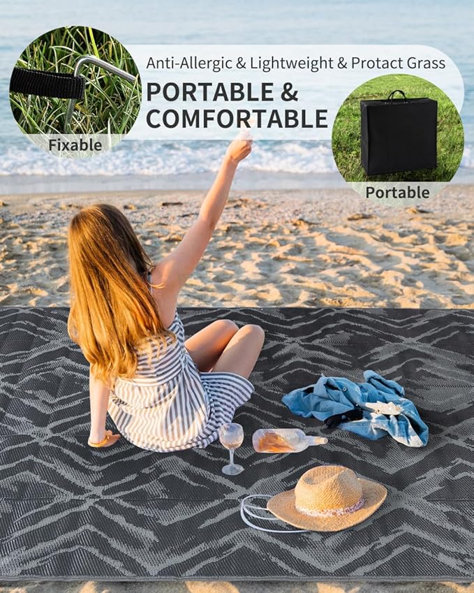 MontVoo Outdoor Rug 8x10 Waterproof-Patio Rug Mat Outdoor Carpet Reversible RV Camping Picnic Plastic Straw Rug Outside Outdoor Area Rug for Balcony Deck Backyard Patio Decor Modern Abstract