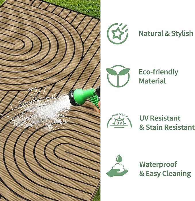 GENIMO Outdoor Rug 6'x9' Patio Waterproof, Lightweight Outdoor Plastic Straw Rug Clearance, Reversible Camping Mat Outdoor Carpet for RV, Picnic, Backyard, Deck, Balcony, Porch, Black & Brown