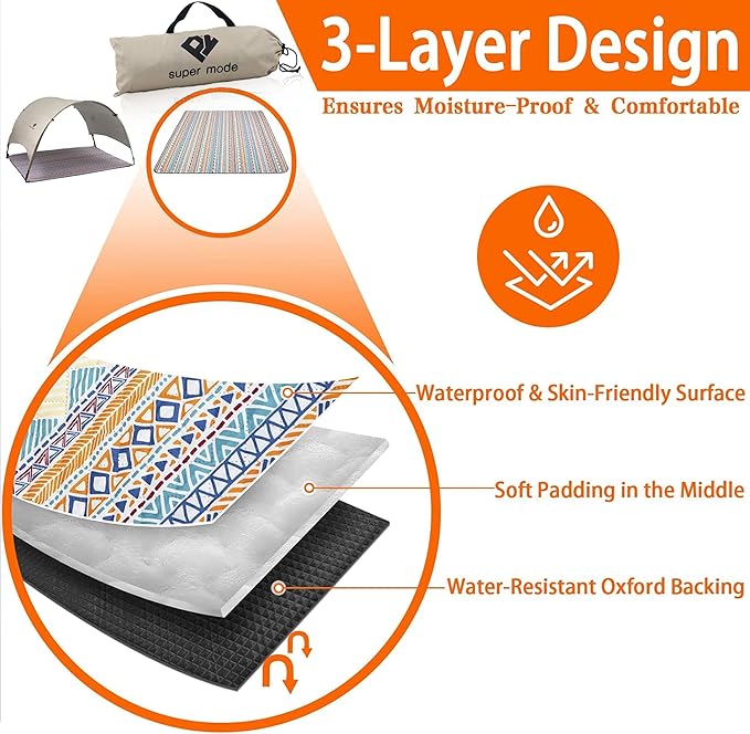 PY SUPER MODE Picnic Blankets Extra Large with Pergola, Orange Boho Waterproof Foldable Outdoor Beach Blanket Oversized 83x79” Sandproof, 3-Layer Picnic Mat for Camping, Hiking, Travel, Park
