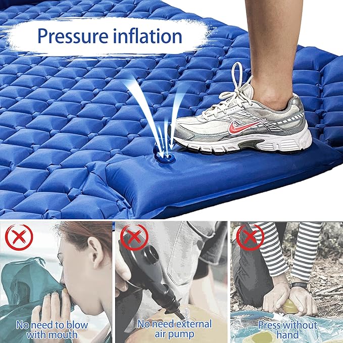 ONTYZZ Double Ultralight Inflatable Sleeping Pad for 2 Persons, Camping, Blue, Waterproof with Built-in Foot Pump
