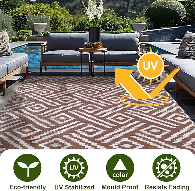 OPPODREAM Outdoor Rug 5x8 Ft, Waterproof Outdoor Plastic Straw Rug for Patio, Reversible Out Door Carpet for Camping, Deck, Rv, 5 x 8 Area Carpet for Balcony, Porch, Backyard, White and Brown