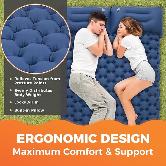 KingCamp Sleeping Pad for Camping, Inflatable Sleeping Pad Ultralight Connectable Camping Mattress with Pillow Built-in Foot Pump for Backpacking Hiking Tent Cot