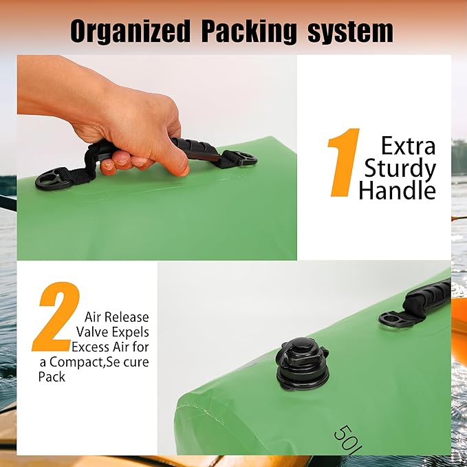 8 Fans Dry Bag Backpack Waterproof,50L Roll Top Bag with Phone Case, Perfect for Floating,Travel,Swimming,Boating,Kayaking,Camping,and Beach Activities(Air Release Valves, Green)