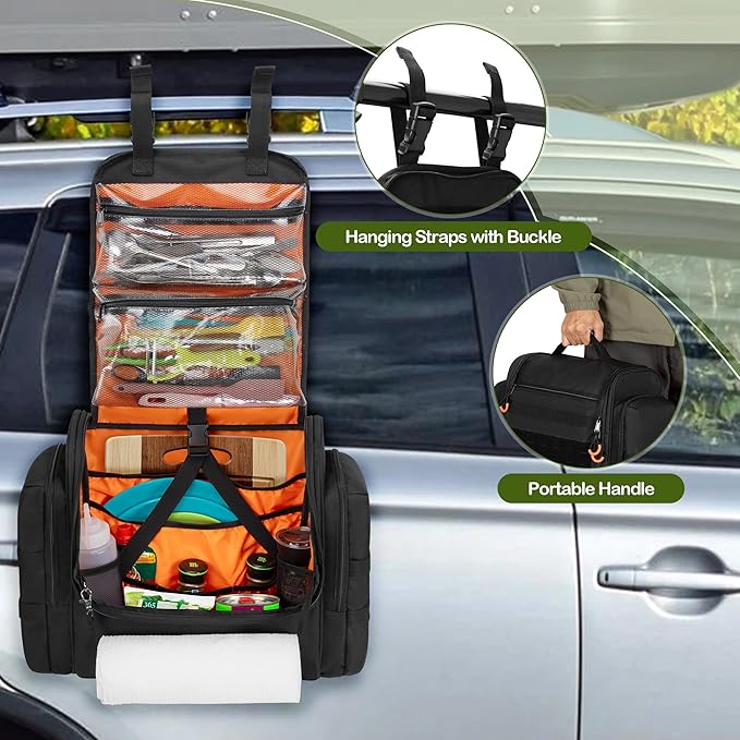 Large Tactical Camping Kitchen Organizer, Hanging Cookware Storage Bag with Paper Towel Holder & Multi Pockets, Portable Camp Utensil Organizer for BBQ Cooking Essentials, Black, Bag Only