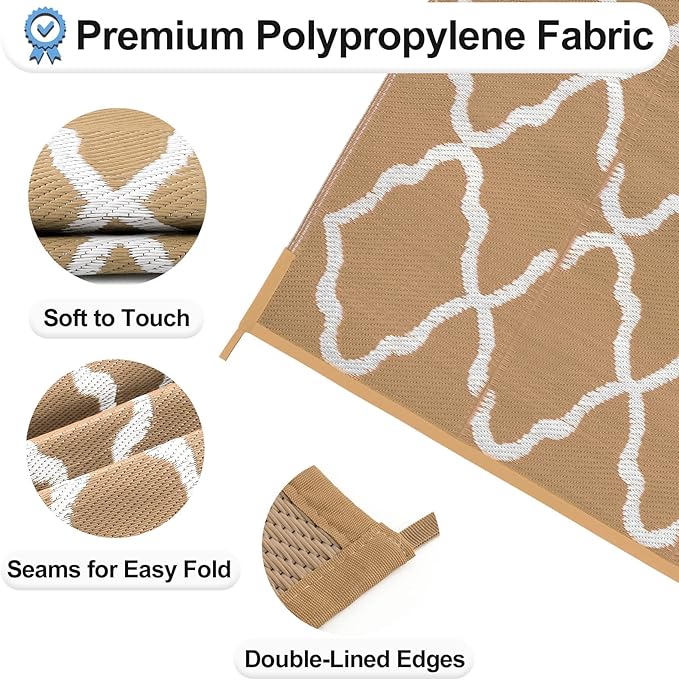 OutdoorLines Outdoor Plastic Area Rugs for Patio 6x9 ft - Reversible Outside Carpet, Stain & UV Resistant RV Mats, Straw Rug for Camping, Deck Garden, Porch and Balcony, Moroccan/Brown & Light Grey