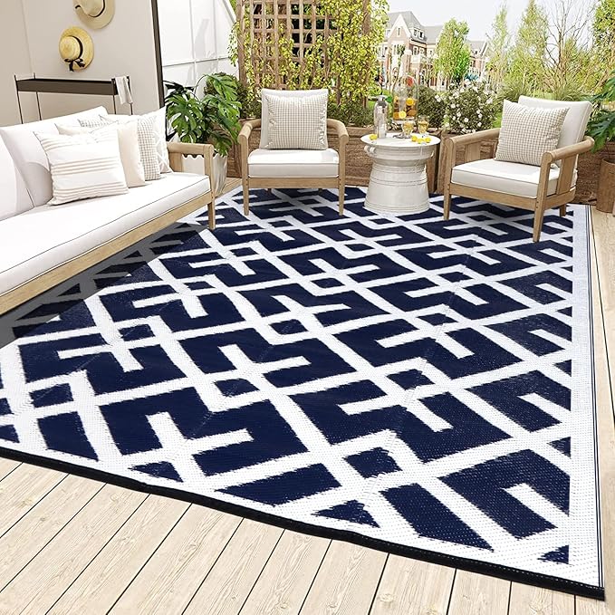 LILIOFFIC Outdoor Rugs - Reversible Mats, 5'x8' Plastic Straw Rug for Patio Clearance Waterproof, Indoor Outdoor Area Rug Carpet for Outside, RV, Deck, Picnic, Beach, Trailer, Camping, Blue & White