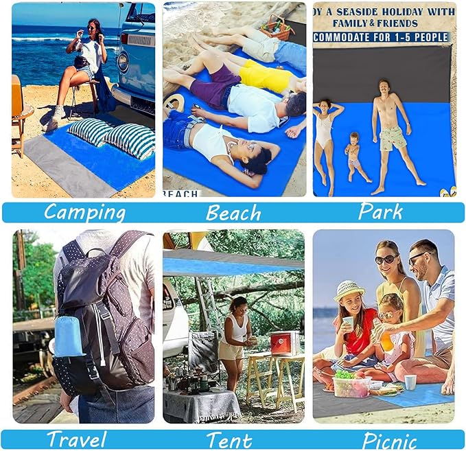 Beach Blanket Sandproof Waterproof, Beach Essentials Extra Large Beach Mat, 79" X 55" Oversized Durable Outdoor Picnic Mat Storage Bag for 1-4 Adults, Beach Accessories for Travel, Camping, Hiking