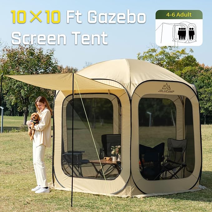 10x10 FT Pop Up Screen Tent - Instant Screened Gazebo Canopy with Mosquito Net, Portable Backyard Tent for 4-6 People, Easy Setup Patio Shelter for Camping, BBQ, Sports & Outdoor Activities