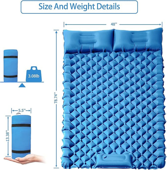 Double Sleeping Pad for Camping, 2 Person Ultralight Inflatable Sleeping Mat with Pillow and Built-in Foot Pump, Portable Camping Mattress for Tent, Backpacking, Hiking, Traveling（Blue