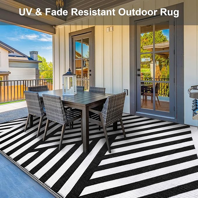 Outdoor Patio Plastic Straw Rug - 9'x12' Outdoor Camping Rug Waterproof Reversible, Area Carpet Patios Clearance RV, Outside Porch Balcony Deck for Camper, White & Black